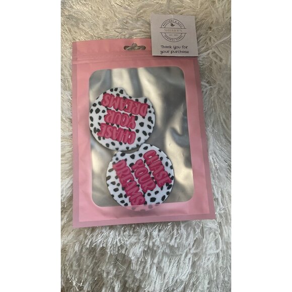 Chase Your Dreams Pink‎ White & Black Dalmatian Print Car Coaster Set - Picture 1 of 1